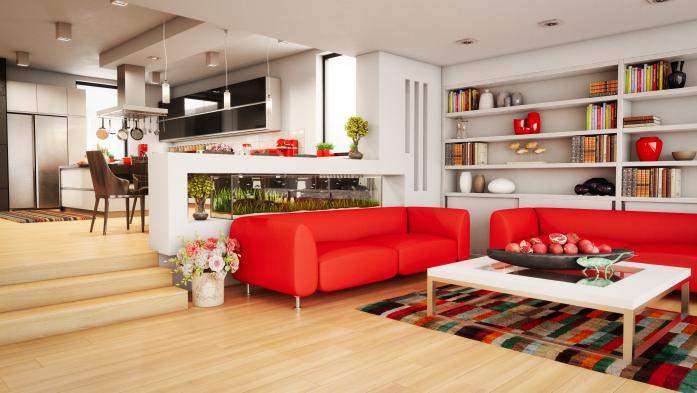 Living room with red couches 