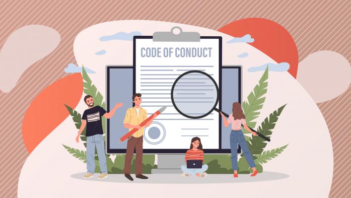 People with magnifying glass looking at code of conduct illustration