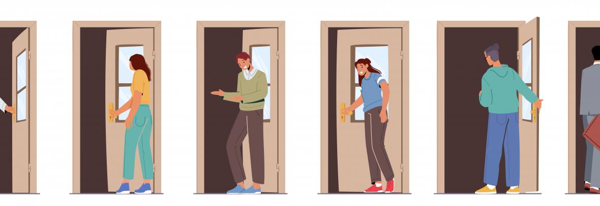 illustration of row of people opening doors