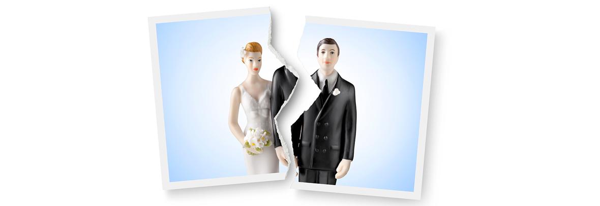 photo illustration of a torn wedding photo representing divorced couple