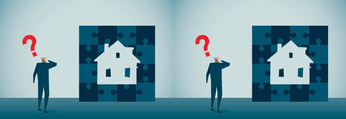 Illustration of man looking at house with question mark over his head