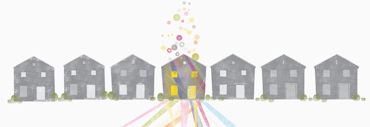 illustration of a row of grey houses with one has with spotlights and sparkles