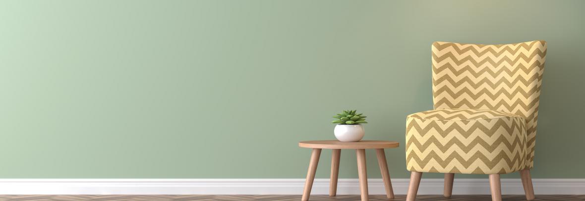 Modern vintage living room with green wall 3d rendering image.There are minimalist style image ,green empty wall and yellow furniture