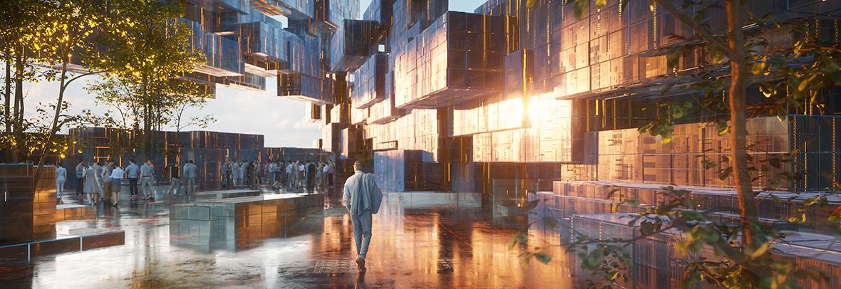 digital rendering of a futuristic office park