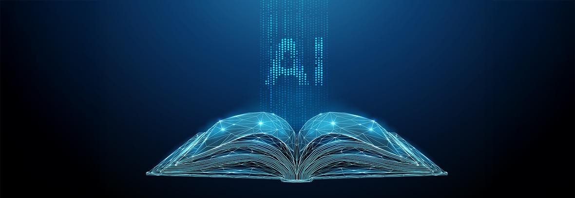 digital illustration of AI on top of an open book