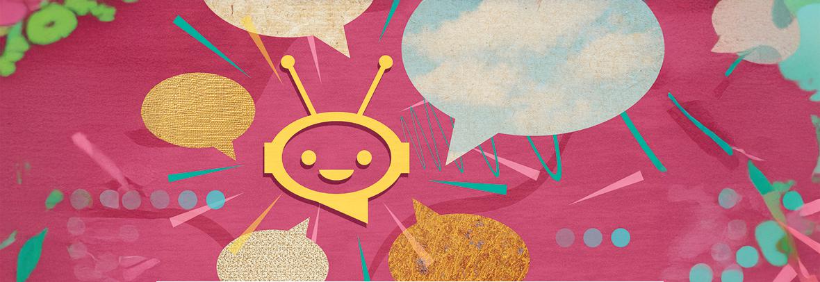 Illustration with a chatbot surrounded by chat bubbles