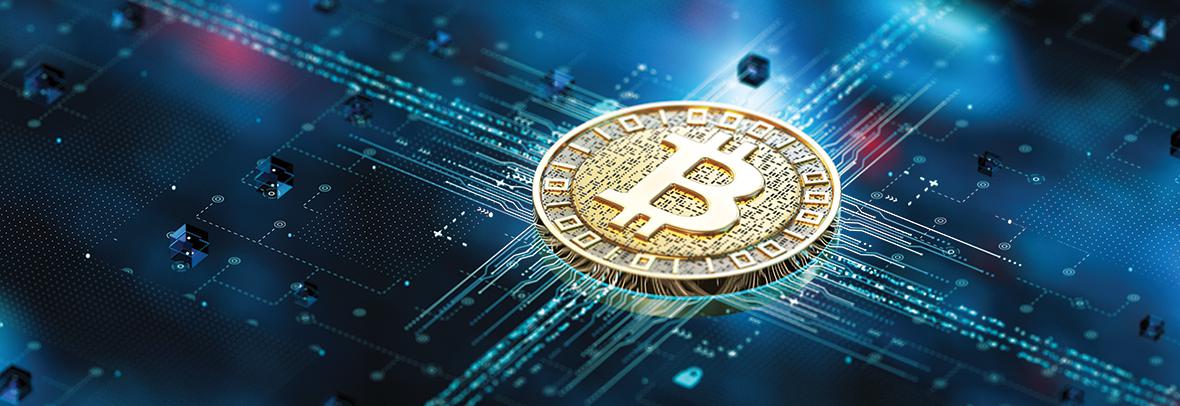 digital illustration of a bitcoin on blue background
