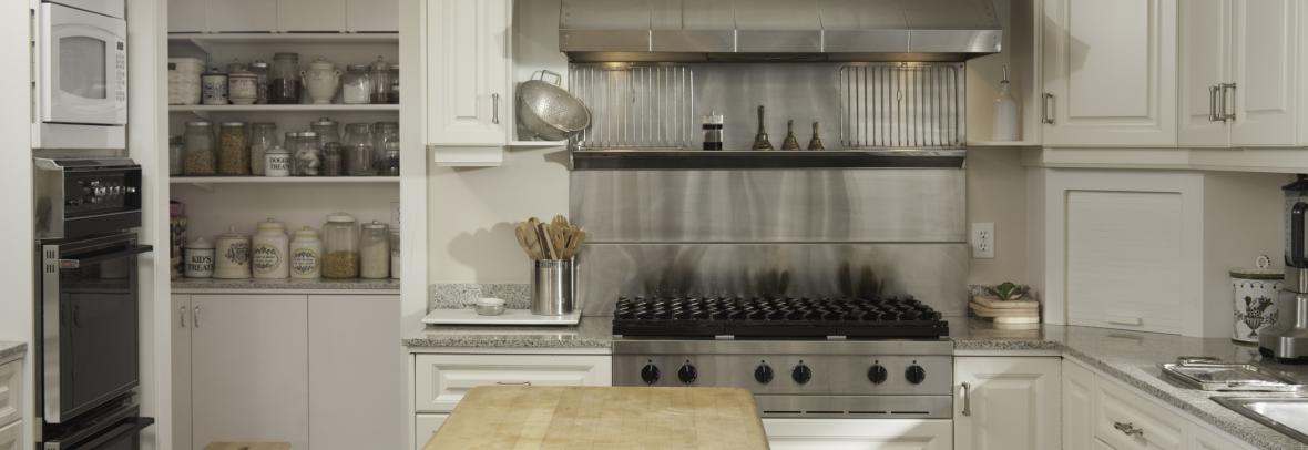 Luxury kitchen with wooden block table