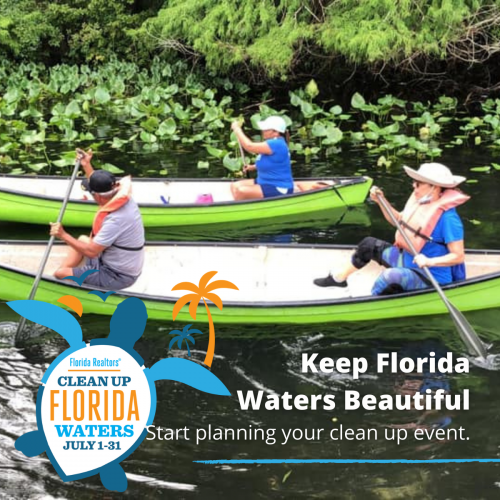People in kayaks with text Keep Florida Waters Beautiful - Start Planning Your Clean Up Effort