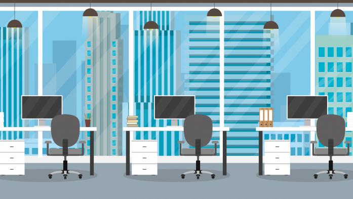 illustration of interior office space with 3 computer desks