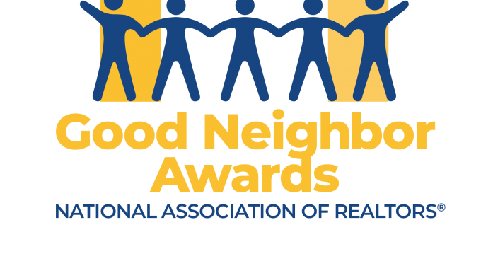 NAR Good Neighbor Awards logo, white house on gold background with blue stick people around it 