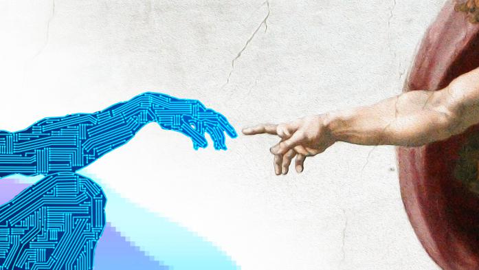 God on the Cistine Chapel touching an AI hand to give it life