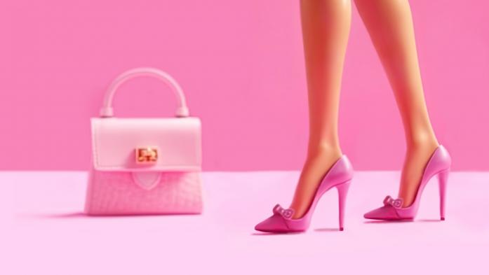 Doll's feet with high heels, handbag, walls and floors all in pink