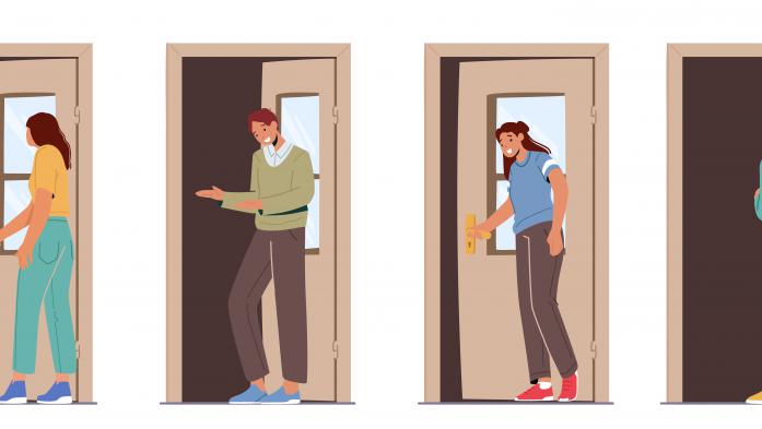 illustration of row of people opening doors