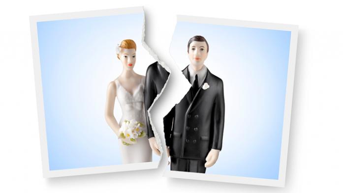 photo illustration of a torn wedding photo representing divorced couple