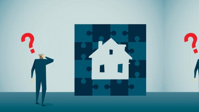 Illustration of man looking at house with question mark over his head