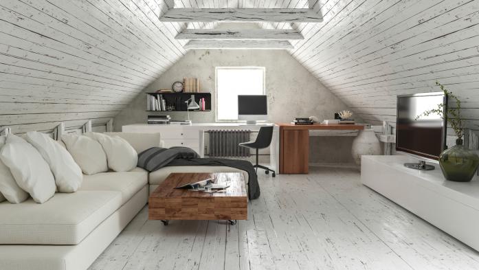 Attic apartment. white floor, couch, decor