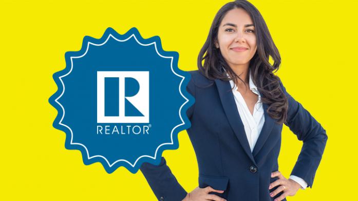 Photo of a sharp business woman on a yellow background and an icon that reads Realtor