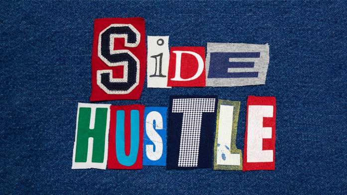 collage of letters that spell the words Side Hustle on blue background