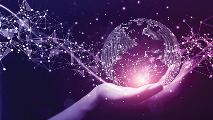 Digital illustration of a hand holding a globe with pink and purple data points emanating from it.