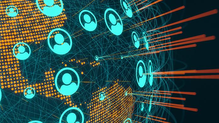 digital illustration of a blue globe with social media icons on it