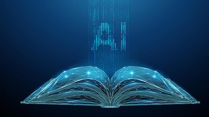 digital illustration of AI on top of an open book