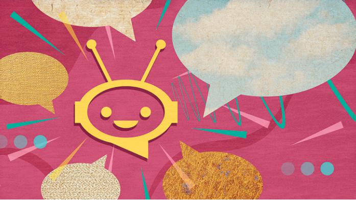 Illustration with a chatbot surrounded by chat bubbles
