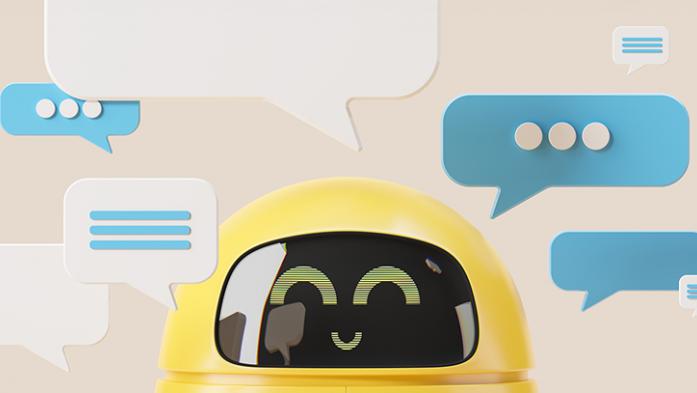 illustration of chatbot with dialogue bubbles around it