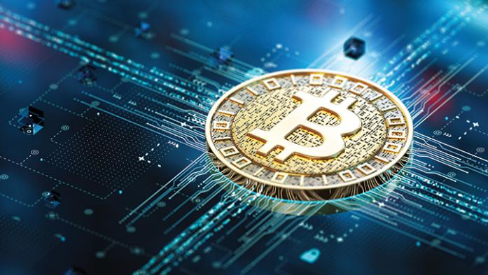 digital illustration of a bitcoin on blue background