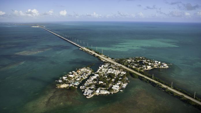 Aerial view of 7-mile bridge crossing a small Florida Key