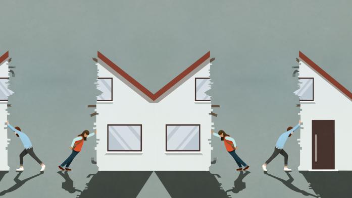 illustration of man and woman with house split in two