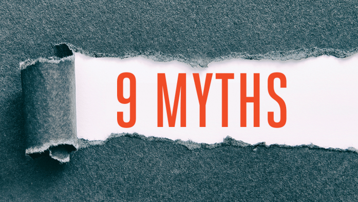 Grey paper, torn back to white showing headline 9 Myths