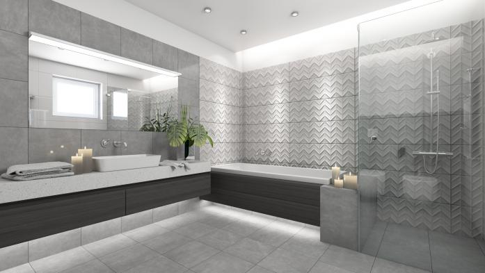 Large, modern all-white bathroom with glass shower